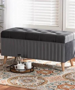 Baxton Studio Hanley Modern and Contemporary Grey Velvet Fabric Upholstered and Wood Storage Ottoman
