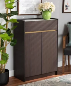 Baxton Studio Walker Modern and Contemporary Dark Brown and Gold Finished Wood Shoe Cabinet with Faux Marble Top