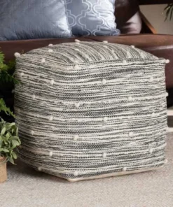 Baxton Studio Macaco Contemporary Moroccan Inspired Dark Grey and Ivory Handwoven Cotton Blend Pouf Ottoman