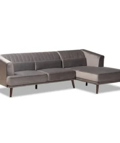 Baxton Studio Morton Mid-Century Grey Velvet and Dark Brown Finished Wood Sectional Sofa with Right Facing Chaise