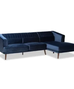 Baxton Studio Morton Mid-Century Navy Blue Velvet and Dark Brown Wood Sectional Sofa with Right Facing Chaise