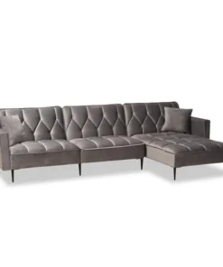 Baxton Studio Galena Contemporary Grey Velvet and Black Metal Sleeper Sectional Sofa with Right Facing Chaise
