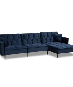 Baxton Studio Galena Contemporary Navy Blue Velvet and Black Metal Sectional Sofa with Right Facing Chaise