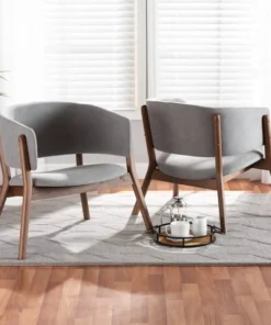 Baxton Studio Baron Mid-Century Modern Light Grey Fabric Upholstered 2-Piece Wood Living Room Accent Chair Set