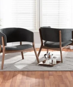 Baxton Studio Baron Mid-Century Modern Dark Grey Fabric Upholstered 2-Piece Wood Living Room Accent Chair Set