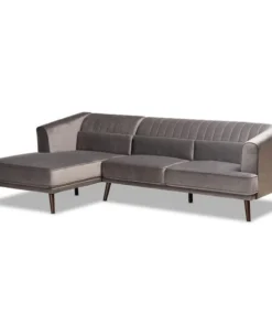 Baxton Studio Morton Mid-Century Grey Velvet and Dark Brown Finished Wood Sectional Sofa with Left Facing Chaise