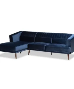 Baxton Studio Morton Mid-Century Navy Blue Velvet and Dark Brown Wood Sectional Sofa with Left Facing Chaise
