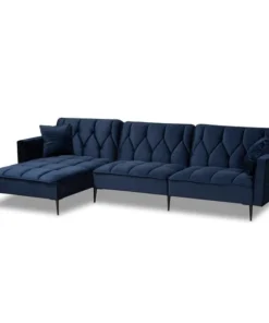 Baxton Studio Galena Contemporary Navy Blue Velvet and Black Metal Sectional Sofa with Left Facing Chaise