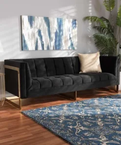 Baxton Studio Ambra Glam and Luxe Black Velvet Upholstered and Button Tufted Sofa with Gold-Tone Frame