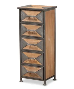 Baxton Studio Laurel Rustic Antique Grey Metal and Whitewashed Oak Brown Wood 5-Drawer Accent Storage Cabinet