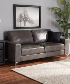 Baxton Studio Rayan ModernGrey Faux Leather Upholstered Silver Finished Metal Loveseat