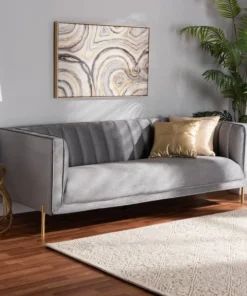 Baxton Studio Maia Contemporary Glam and Luxe Grey Velvet Upholstered and Gold Finished Metal Sofa