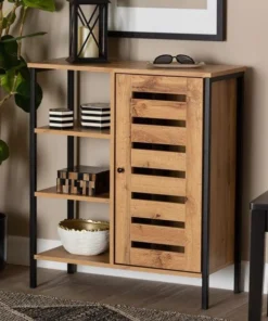 Baxton Studio Vander Contemporary Oak Brown Finished Wood and Black Metal 1-Door Shoe Storage Cabinet