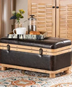 Baxton Studio Gendry Modern Rustic & Transitional Dark Brown Faux Leather Upholstered Small Wood Storage Ottoman