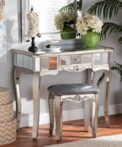 Baxton Studio Elgin Glam and Luxe Brushed Silver Finished Wood and Mirrored Glass 1-Drawer Console Table