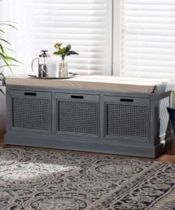 Baxton Studio Sheldon Contemporary Fabric Upholstered & Grey Finished Wood Shoe Storage Bench w/ Synthetic Rattan