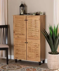 Baxton Studio Winda Modern and Contemporary Oak Brown Finished Wood 4-Door Shoe Storage Cabinet