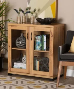 Baxton Studio Zentra Modern and Contemporary Oak Brown Finished Wood 2-Door Storage Cabinet with Glass Doors