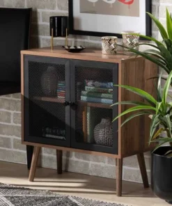 Baxton Studio Yuna Mid-Century Transitional Natural Brown Finished Wood and Black Metal 2-Door Storage Cabinet