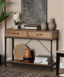 Baxton Studio Norwood Modern Industrial Walnut Brown Finished Wood and Black Metal 2-Drawer Console Table