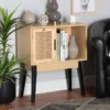Baxton Studio Dacre Transitional Two-Tone Oak Brown and Black Finished Wood Console Table with Natural Rattan