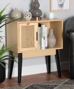 Baxton Studio Dacre Transitional Two-Tone Oak Brown and Black Finished Wood Console Table with Natural Rattan