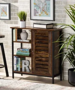 Baxton Studio Wayland ModernRustic Brown Finished Wood and Dark Grey Metal 1-Door Shoe Storage Cabinet