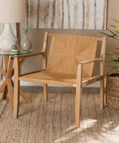 Baxton Studio Delaney Mid-Century Oak Brown Finished Wood and Hemp Accent Chair