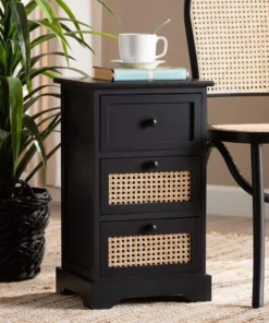 Baxton Studio Dacey Mid-Century Transitional Espresso Brown Finished Wood and Rattan 3-Drawer Storage Cabinet