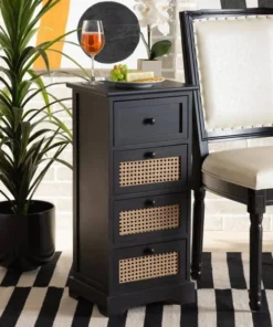 Baxton Studio Dacey Mid-Century Modern Transitional Espresso Brown Finished Wood/Rattan 4-Drawer Storage Cabinet