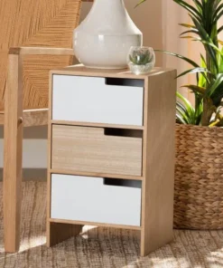 Baxton Studio Eben Modern and Contmeporary Two-Tone White and Oak Brown Finished Wood 3-Drawer Storage Cabinet