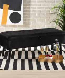 Baxton Studio Caine ModernBlack Velvet Upholstered and Dark Brown Finished Wood Storage Bench