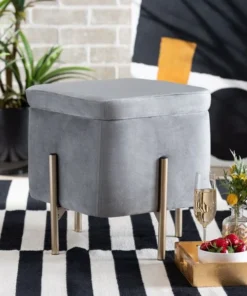 Baxton Studio Aleron Contemporary Glam and Luxe Grey Velvet Upholstered and Gold Finished Metal Storage Ottoman