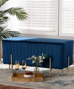 Baxton Studio Helaine Contemporary Glam and Luxe Navy Blue Fabric Upholstered and Gold Metal Bench Ottoman