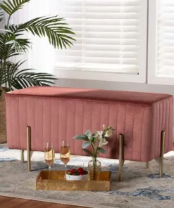 Baxton Studio Helaine Contemporary Glam and Luxe Blush Pink Fabric Upholstered and Gold Metal Bench Ottoman