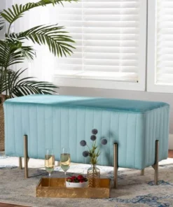 Baxton Studio Helaine Contemporary Glam and Luxe Sky Blue Fabric Upholstered and Gold Metal Bench Ottoman