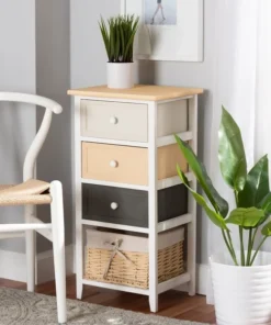 Baxton Studio Adonis Mid-Century Transitional Multi-Colored Wood 3-Drawer Storage Unit with Basket