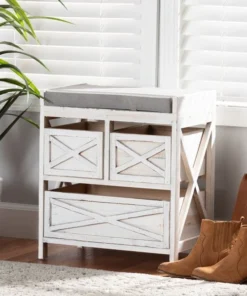 Baxton Studio Parra Modern Farmhouse Grey Fabric Upholstered and Whitewashed Wood 3-Drawer Storage Bench