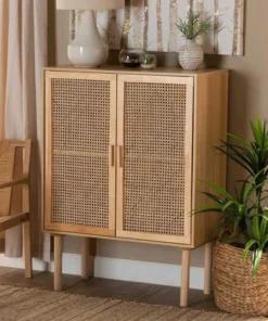 Baxton Studio Maclean Mid-Century Rattan and Natural Brown Finished Wood 2-Door Storage Cabinet