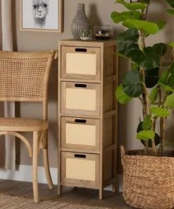 Baxton Studio Paolo Mid-Century Natural Brown Finished Wood and Rattan 4-Drawer Storage Unit