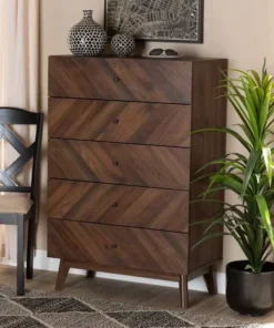 Baxton Studio Hartman Mid-Century Walnut Brown Finished Wood 5-Drawer Storage Chest