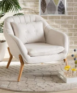 Baxton Studio Valentina Mid-Century Transitional Beige Velvet Upholstered and Natural Wood Finished Armchair