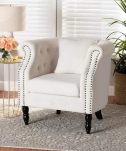 Baxton Studio Renessa Traditional Beige Velvet Upholstered and Dark Brown Finished Wood Armchair