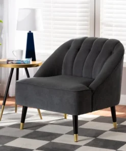 Baxton Studio Ellard ModernGrey Velvet Upholstered and Two-Tone Dark Brown and Gold Finished Wood Accent Chair