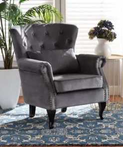 Baxton Studio Fletcher Traditional Grey Velvet Upholstered and Dark Brown Finished Wood Armchair