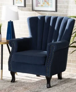 Baxton Studio Relena Traditional Navy Blue Velvet Upholstered and Dark Brown Finished Wood Armchair