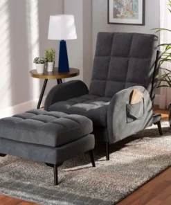 Baxton Studio Belden ModernGrey Velvet Upholstered and Black Metal 2-Piece Lounge Chair and Ottoman Set