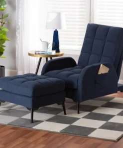 Baxton Studio Belden ModernNavy Blue Velvet Upholstered and Black Metal 2-Piece Lounge Chair and Ottoman Set