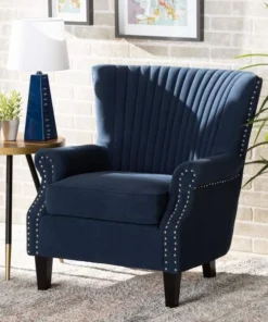 Baxton Studio Wilhelm Traditional Navy Blue Velvet Upholstered and Dark Brown Finished Wood Armchair
