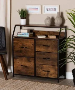 Baxton Studio Jacop Modern Industrial Walnut Brown Finished Wood and Black Metal 5-Drawer Storage Cabinet